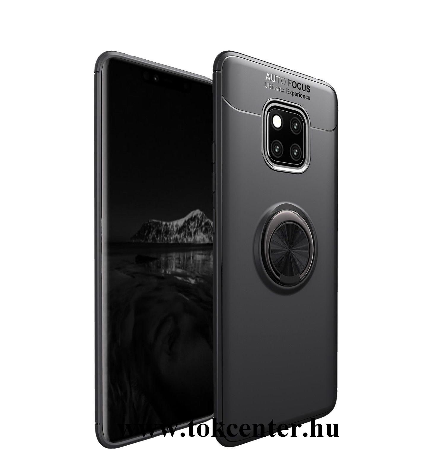 Huawei Mate 20 Pro Telefonvédő gumi / szilikon (asztali tartó funkció, telefontartó gyűrű, 360°-ban forgatható, beépített fémlemez) FEKETE
