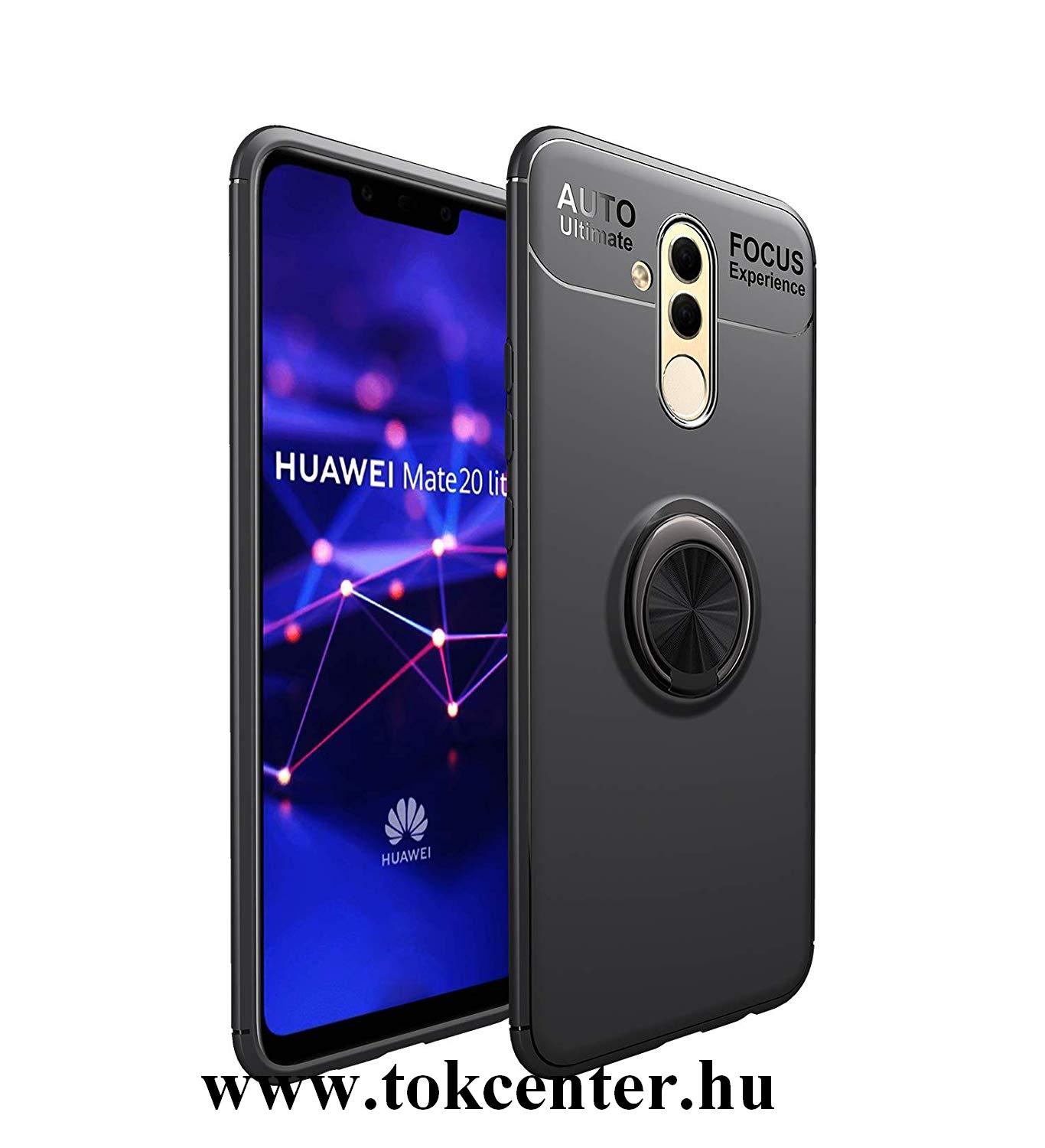 Huawei Mate 20 Lite Telefonvédő gumi / szilikon (asztali tartó funkció, telefontartó gyűrű, 360°-ban forgatható, beépített fémlemez) FEKETE