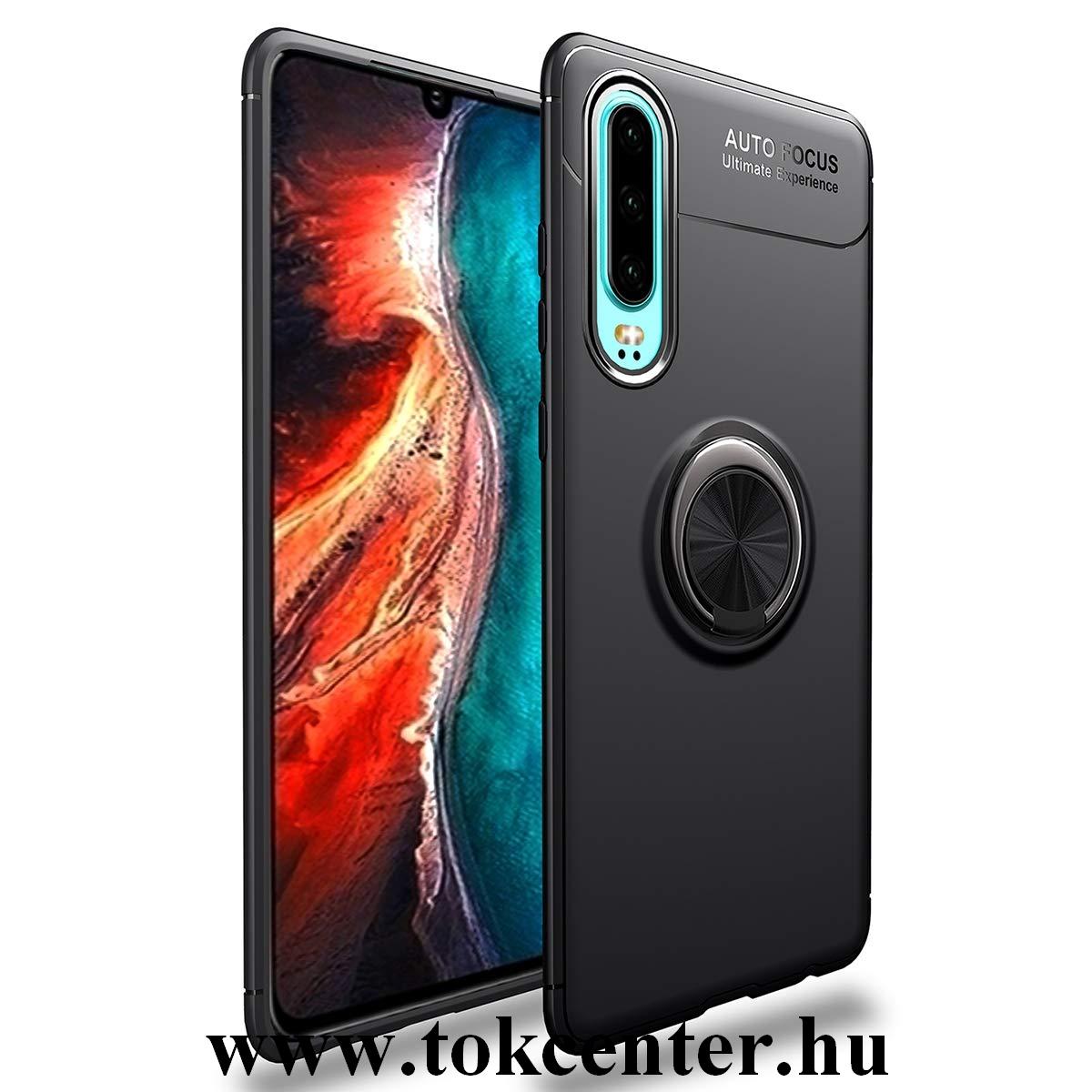 Huawei P30 Telefonvédő gumi / szilikon (asztali tartó funkció, telefontartó gyűrű, 360°-ban forgatható, beépített fémlemez) FEKETE