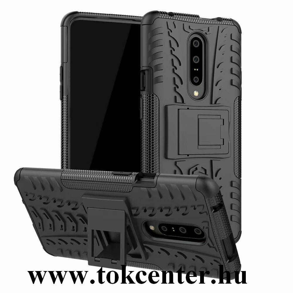 OnePlus 7T Pro Defender műanyag telefonvédő (közepesen ütésálló, szilikon belső, kitámasztó, autógumi minta) FEKETE