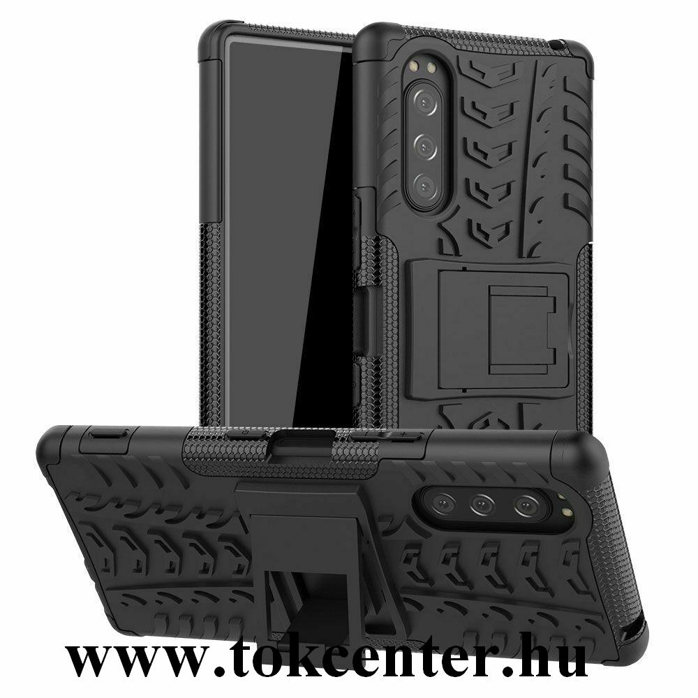 Sony Xperia 5 (J9210) Defender műanyag telefonvédő (közepesen ütésálló, szilikon belső, kitámasztó, autógumi minta) FEKETE