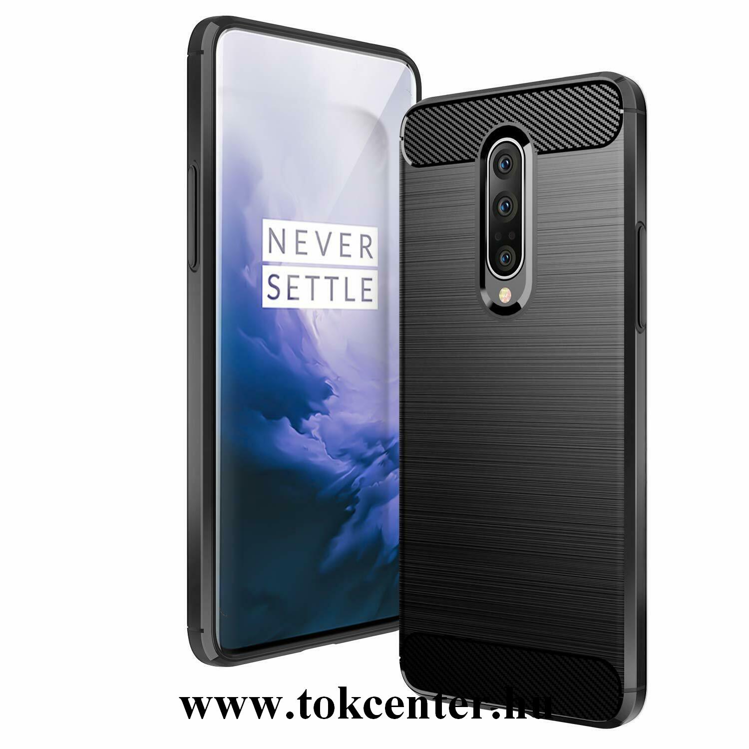 OnePlus 7 Pro Szilikon telefonvédő (közepesen ütésálló, légpárnás sarok, szálcsiszolt, karbon minta) FEKETE