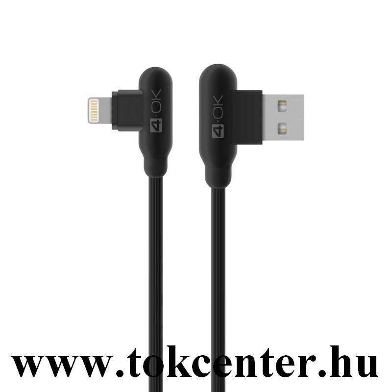 4-OK adatátvitel adatkábel és töltő (lightning 8 pin, 150 cm, 90 fokos / derékszög, gyorstöltés támogatás) FEKETE