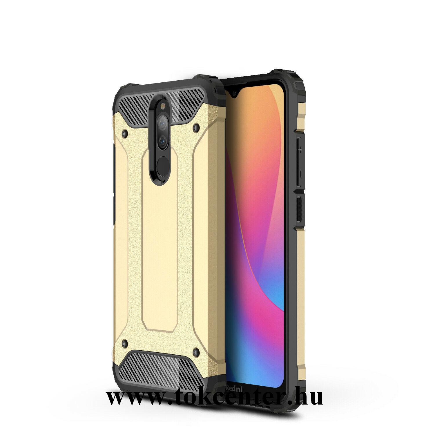 Xiaomi Redmi 8A Defender műanyag telefonvédő (közepesen ütésálló, légpárnás sarok, szilikon belső, fémhatás) ARANY