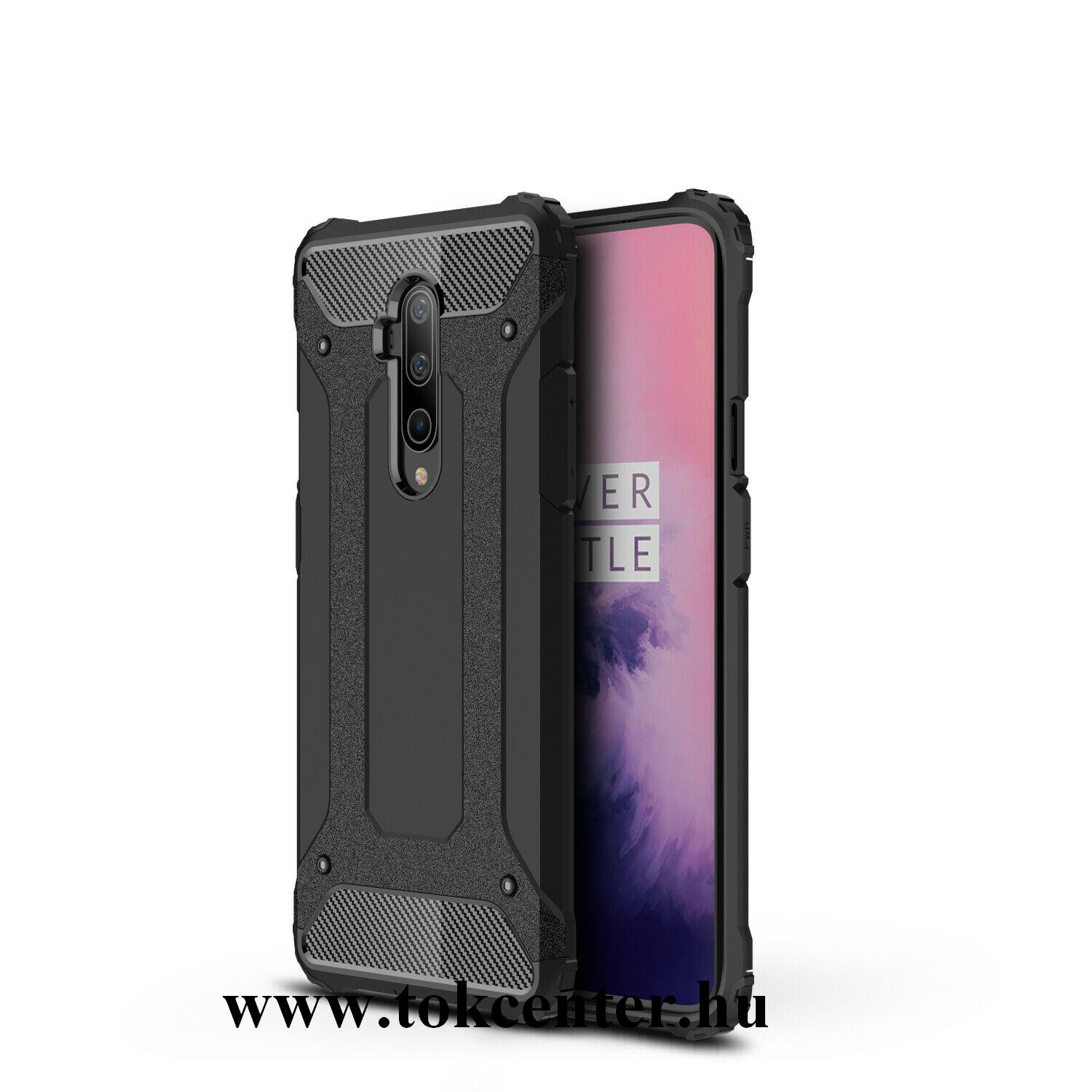 OnePlus 7T Pro Defender műanyag telefonvédő (közepesen ütésálló, légpárnás sarok, szilikon belső, fémhatás) FEKETE