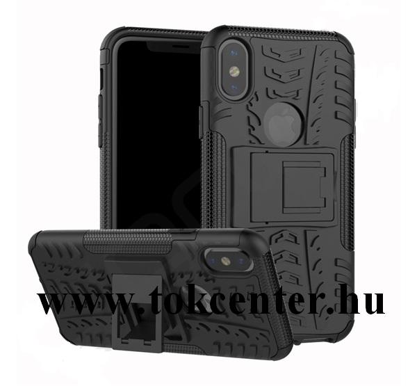 Apple iPhone X 5.8 / Apple iPhone XS 5.8 Defender műanyag telefonvédő (közepesen ütésálló, szilikon belső, kitámasztó,autógumi minta, logo kivágás) FEKETE