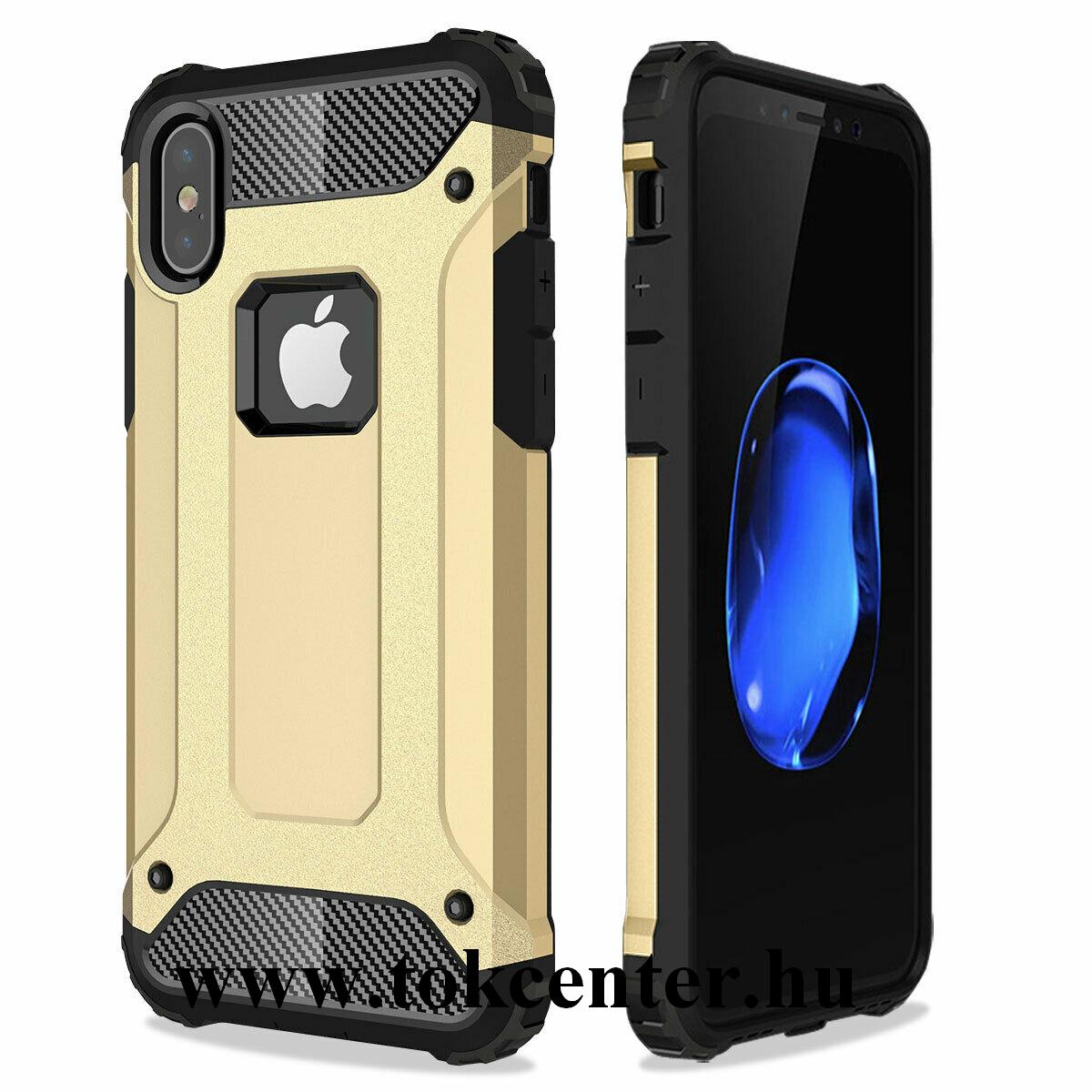 Apple iPhone X 5.8 / Apple iPhone XS 5.8 Defender műanyag telefonvédő (közepesen ütésálló, szilikon belső, fémhatás, logo kivágás) ARANY