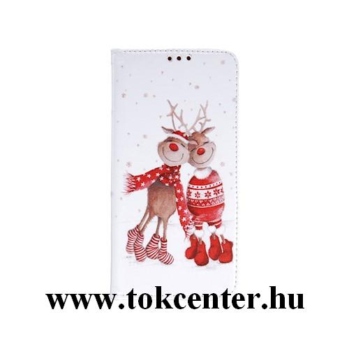 Samsung A405 Galaxy A40 Tok álló, bőr hatású (FLIP, oldalra nyíló, asztali tartó funkció, KARÁCSONYI, páros rénszarvas minta) fehér - piros	