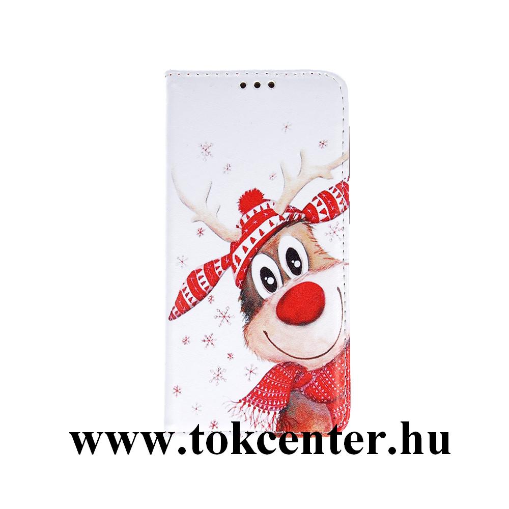 Xiaomi Redmi 7A Tok álló, bőr hatású (FLIP, oldalra nyíló, asztali tartó funkció, KARÁCSONYI, rénszarvas 1) fehér - piros	