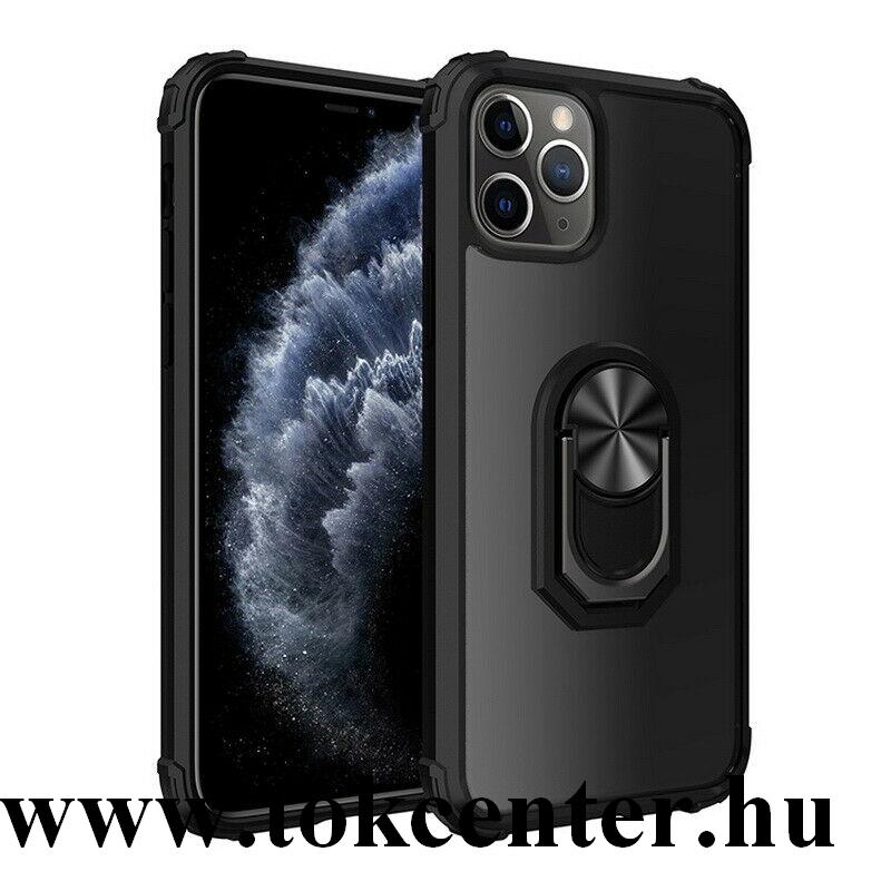 Apple iPhone 11 Pro Max Műanyag telefonvédő (szilikon keret, asztali tartó funkció, telefontartó gyűrű, beépített fémlemez) FEKETE