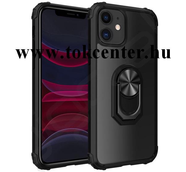 Apple iPhone 11 Műanyag telefonvédő (szilikon keret, asztali tartó funkció, telefontartó gyűrű, beépített fémlemez) FEKETE