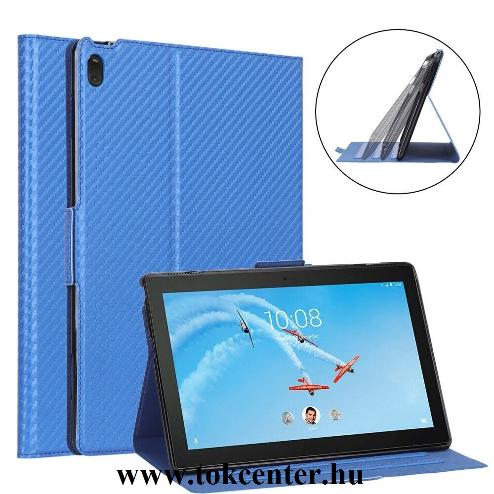 Lenovo Tab E10 (TB-X104F) Tok álló, bőr hatású (FLIP, oldalra nyíló, asztali tartó funkció, karbon minta) VILÁGOSKÉK