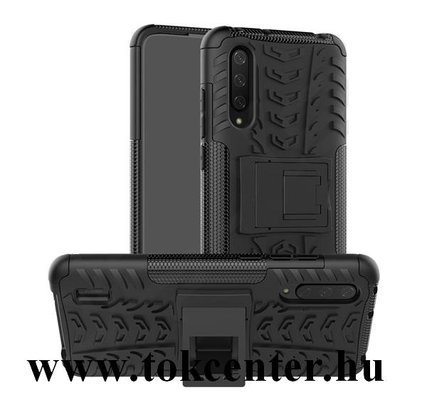 Xiaomi Mi 9 Lite Defender műanyag telefonvédő (közepesen ütésálló, szilikon belső, kitámasztó, autógumi minta) FEKETE