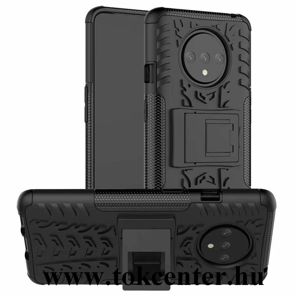 OnePlus 7T Defender műanyag telefonvédő (közepesen ütésálló, szilikon belső, kitámasztó, autógumi minta) FEKETE