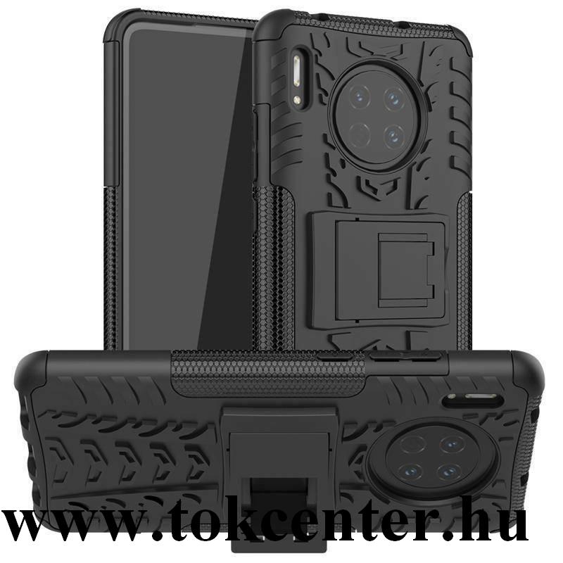 Huawei Mate 30 Pro Defender műanyag telefonvédő (közepesen ütésálló, szilikon belső, kitámasztó, autógumi minta) FEKETE