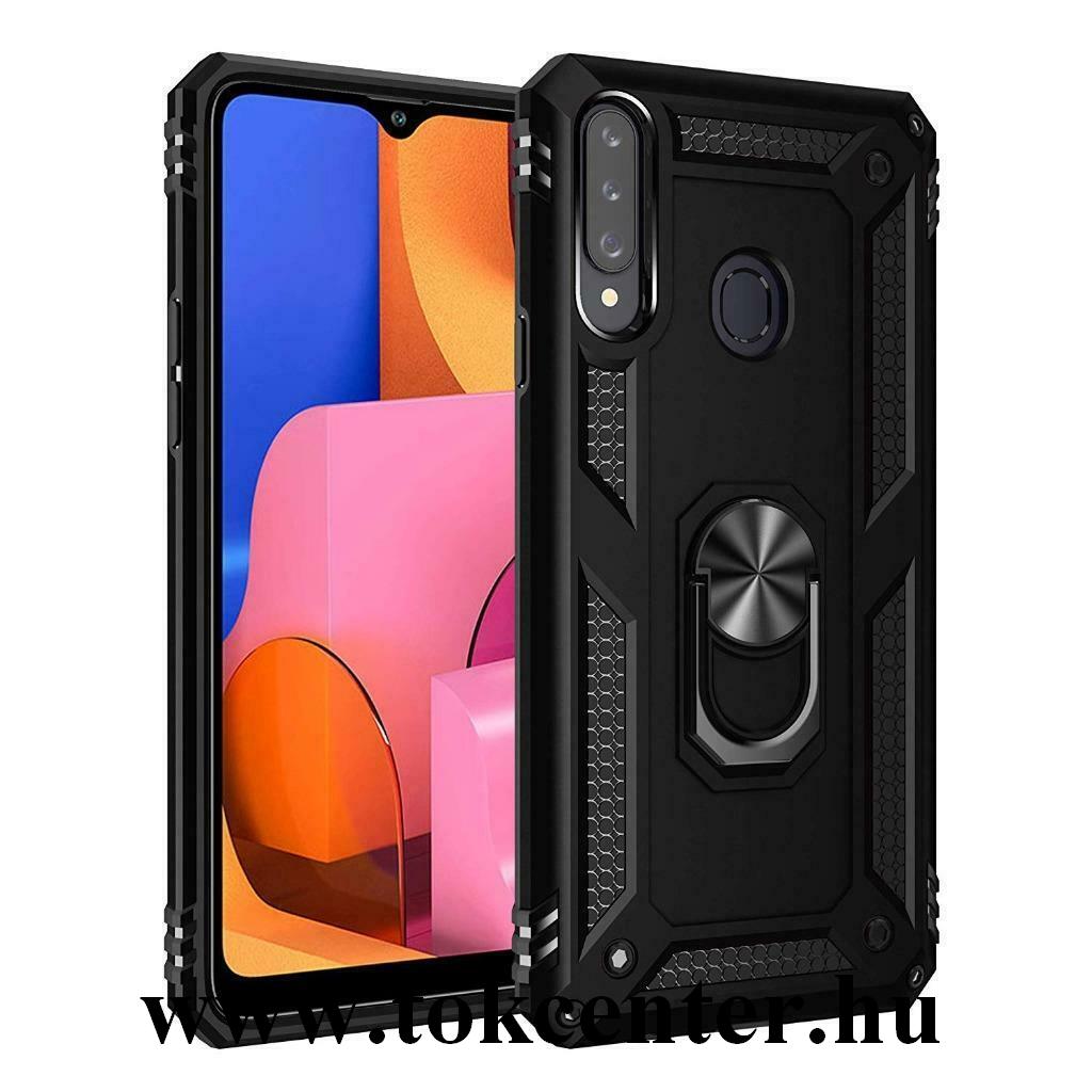 Samsung Galaxy A20s (SM-A207F) Defender műanyag telefonvédő (közepesen ütésálló, szilikon belső, telefontartó gyűrű, beépített fémlemez) FEKETE