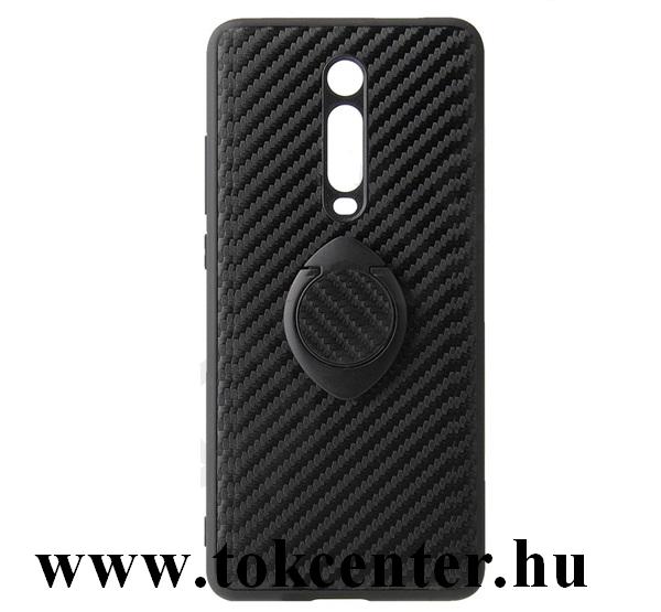 Xiaomi Mi 9T (Mi 9T Pro) Műanyag telefonvédő (szilikon keret, asztali tartó, telefontartó gyűrű, beépített fémlemez, karbon minta) FEKETE