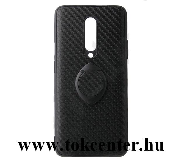 OnePlus 7 Pro Műanyag telefonvédő (szilikon keret, asztali tartó, telefontartó gyűrű, beépített fémlemez, karbon minta) FEKETE