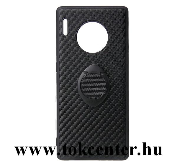 Huawei Mate 30 Pro Műanyag telefonvédő (szilikon keret, asztali tartó, telefontartó gyűrű, beépített fémlemez, karbon minta) FEKETE