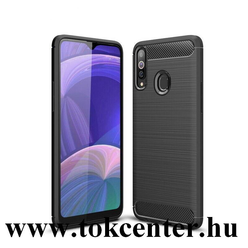 Samsung Galaxy A20s (SM-A207F) Szilikon telefonvédő (közepesen ütésálló, légpárnás sarok, szálcsiszolt, karbon minta) FEKETE