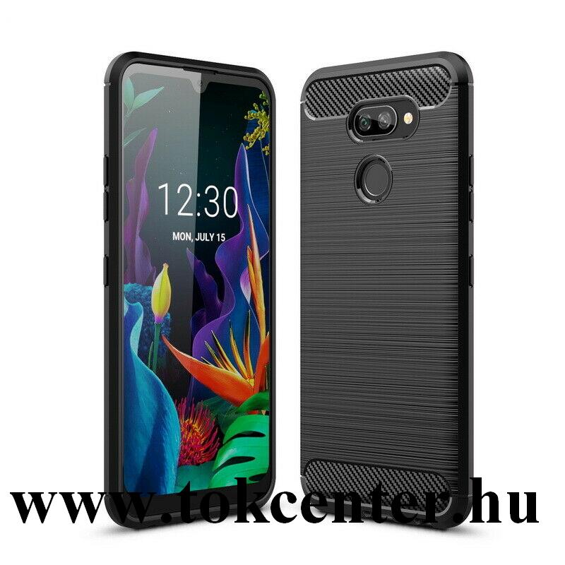 LG K40S LMX430 Szilikon telefonvédő (közepesen ütésálló, légpárnás sarok, szálcsiszolt, karbon minta) FEKETE