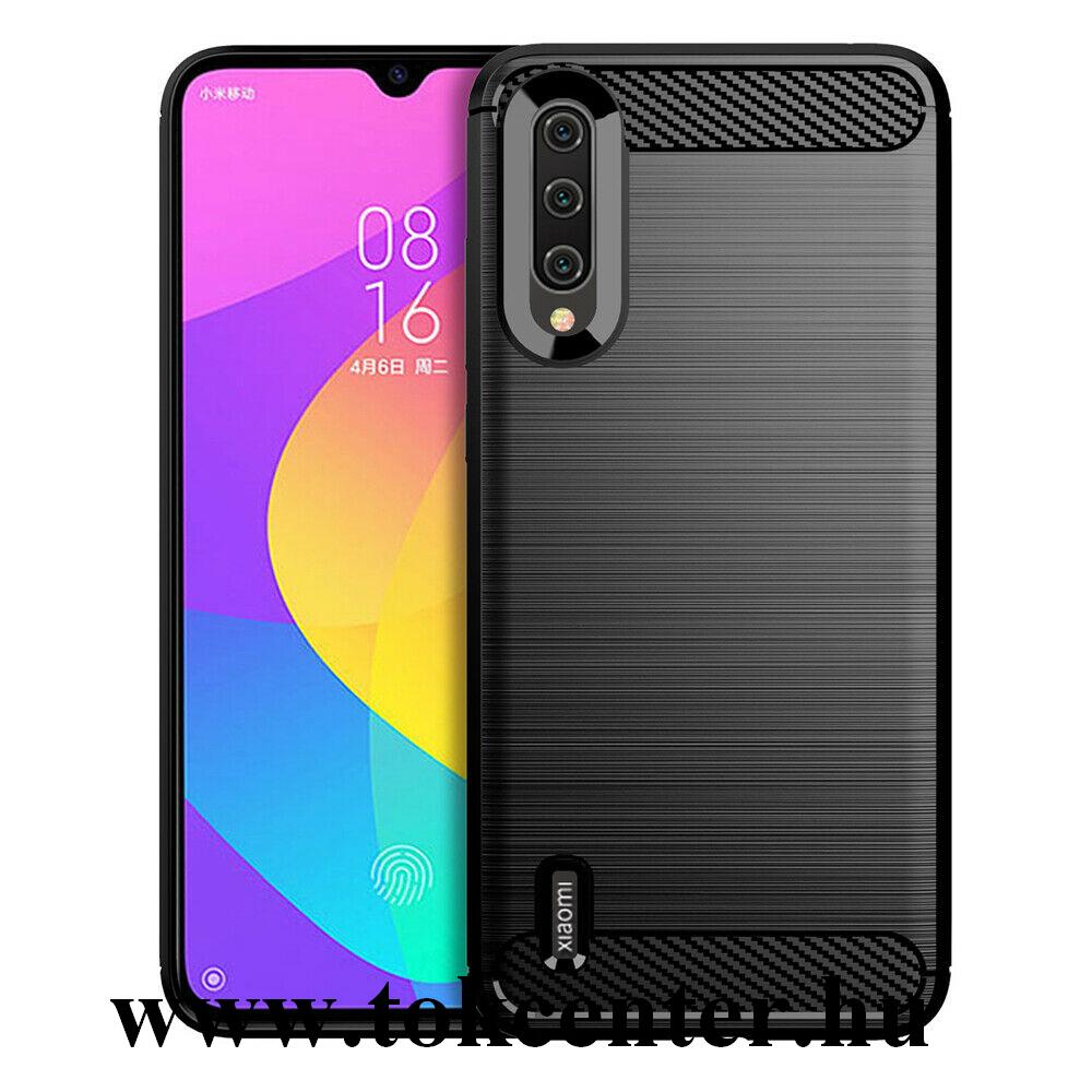 Xiaomi Mi 9 Lite Szilikon telefonvédő (közepesen ütésálló, légpárnás sarok, szálcsiszolt, karbon minta) FEKETE