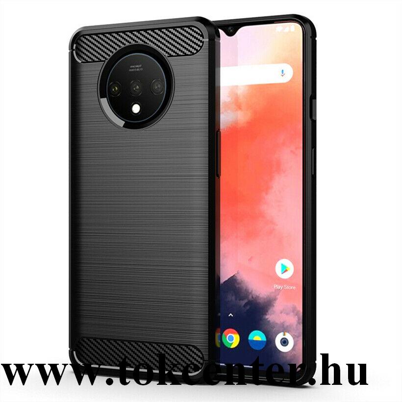 OnePlus 7T Szilikon telefonvédő (közepesen ütésálló, légpárnás sarok, szálcsiszolt, karbon minta) FEKETE