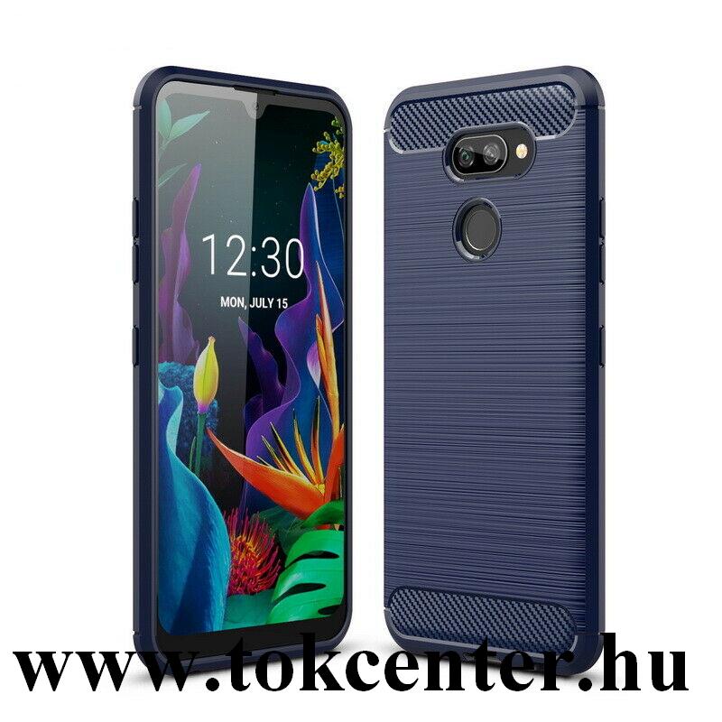 LG K40S LMX430 Szilikon telefonvédő (közepesen ütésálló, légpárnás sarok, szálcsiszolt, karbon minta) SÖTÉTKÉK