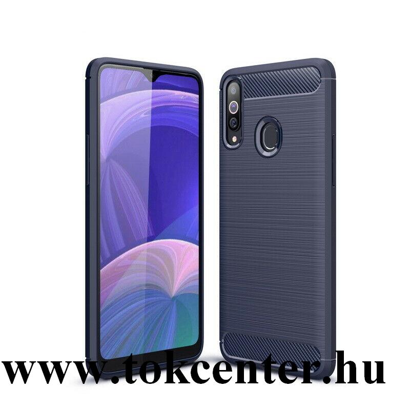 Samsung Galaxy A20s (SM-A207F) Szilikon telefonvédő (közepesen ütésálló, légpárnás sarok, szálcsiszolt, karbon minta) SÖTÉTKÉK