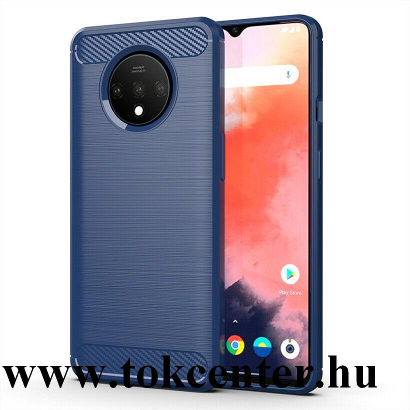 OnePlus 7T Szilikon telefonvédő (közepesen ütésálló, légpárnás sarok, szálcsiszolt, karbon minta) SÖTÉTKÉK