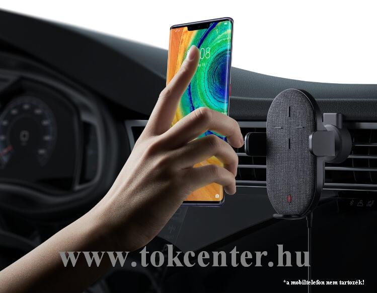Autós tartó (szellőzőre, QI Wireless, vezeték nélküli töltés, 27W, automata, ventillátor, gyorstöltés támogatás) FEKETE (CP39S)