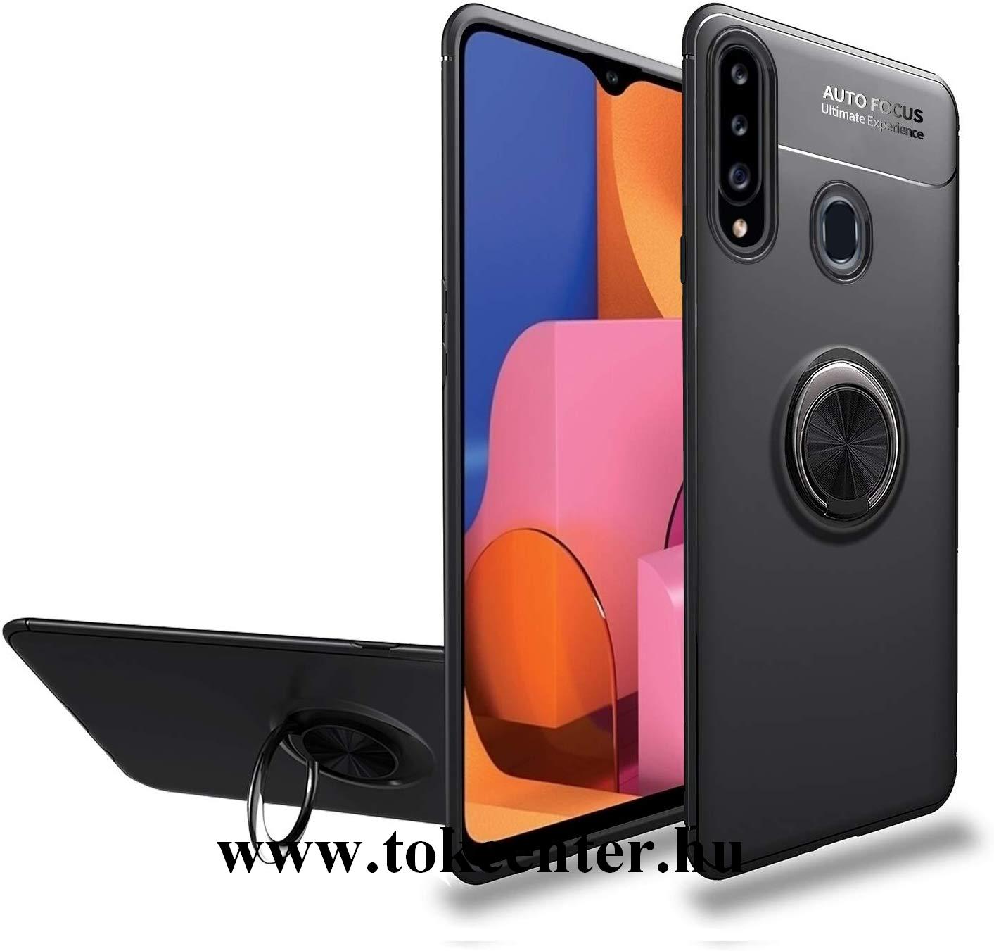 Samsung Galaxy A20s (SM-A207F) Szilikon telefonvédő (asztali tartó funkció, telefontartó gyűrű, 360°-ban forgatható, beépített fémlemez) FEKETE