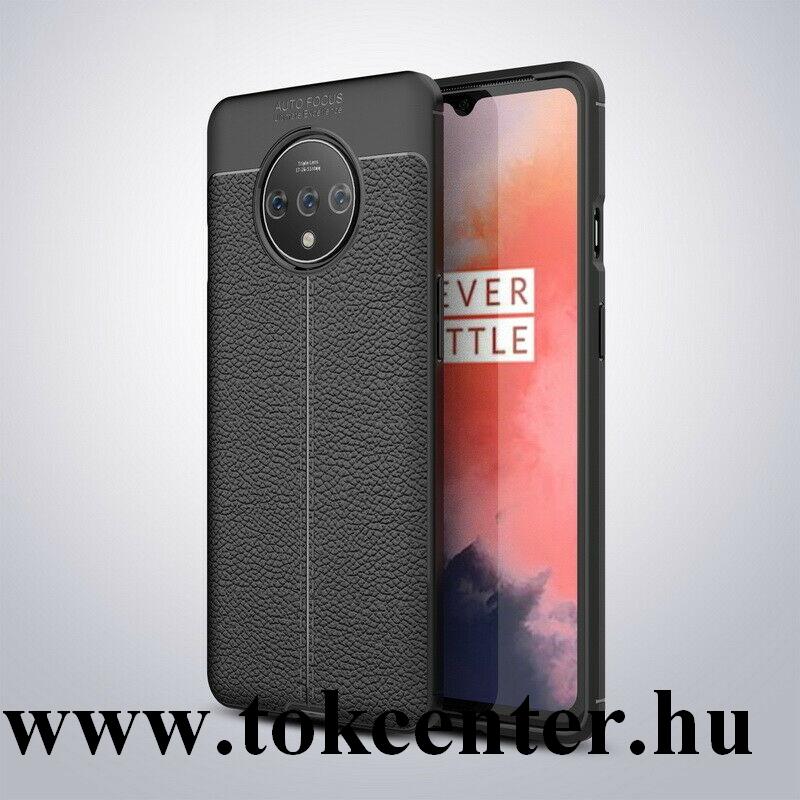 OnePlus 7T Szilikon telefonvédő (közepesen ütésálló, bőr hatású, varrás minta) FEKETE