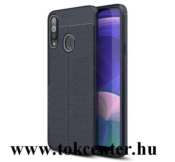 Samsung Galaxy A20s (SM-A207F) Szilikon telefonvédő (közepesen ütésálló, bőr hatású, varrás minta) SÖTÉTKÉK