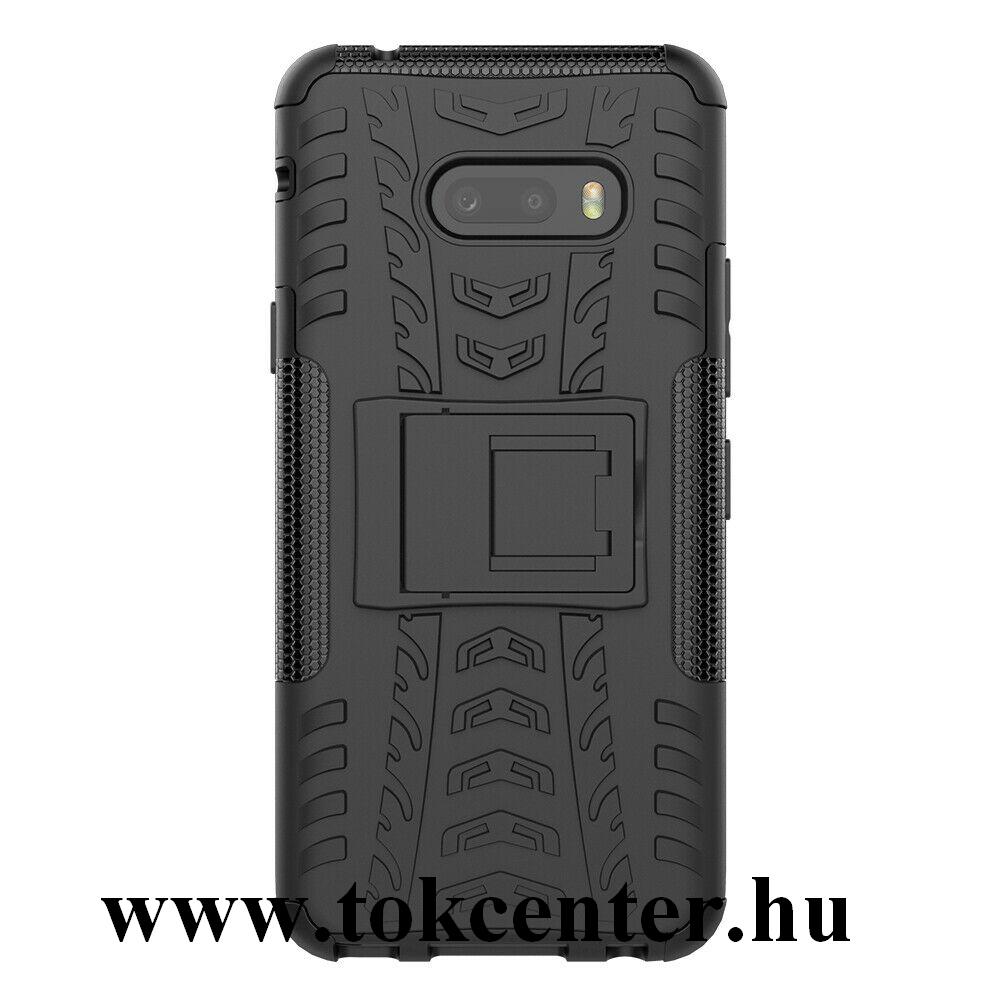 LG V50 ThinQ 5G (V500N) Defender műanyag telefonvédő (közepesen ütésálló, szilikon belső, kitámasztó, autógumi minta) FEKETE