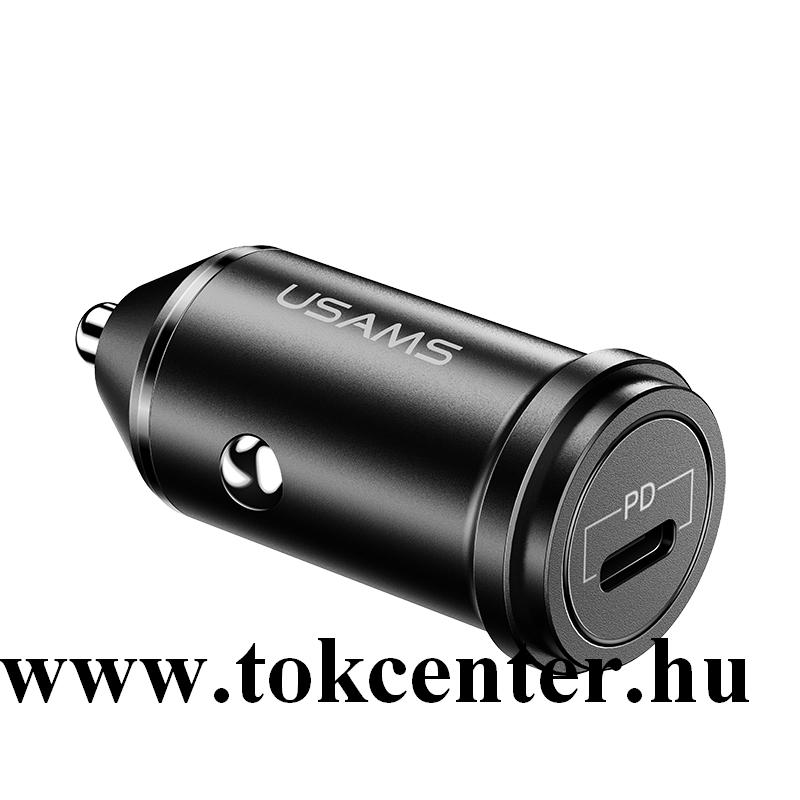 USAMS autós töltő Type-C aljzat (5V/3000mA, 18W, PD gyorstöltés támogatás) SÖTÉTSZÜRKE
