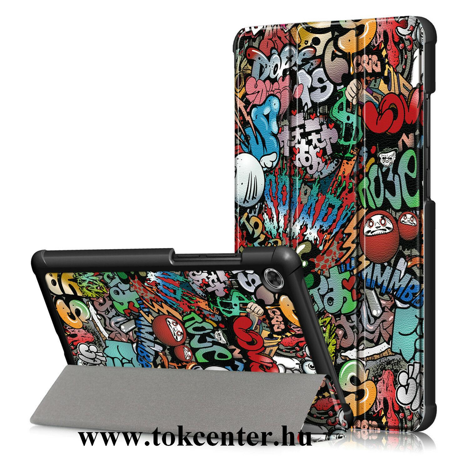 Lenovo Tab M7 (TB-7305F) Tok álló, bőr hatású (aktív flip, oldalra nyíló, TRIFOLD asztali tartó funkció, graffiti minta) SZÍNES