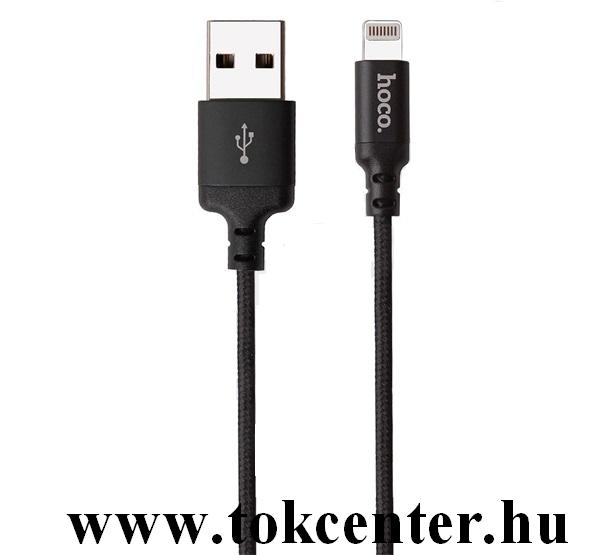 HOCO X14 adatátviteli kábel és töltő (lightning 8 pin, 100 cm, törésgátló, gyorstöltés támogatás, cipőfűző minta) FEKETE