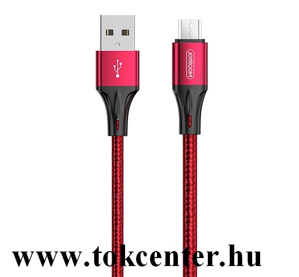 JOYROOM adatátvitel adatkábel és töltő (microUSB, 100 cm, törésgátló, gyorstöltés támogatás, cipőfűző minta) PIROS