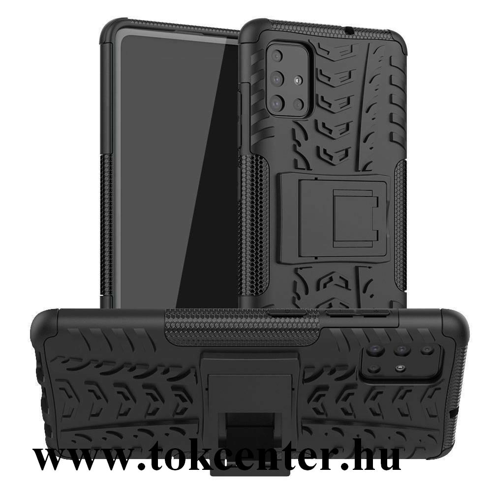 Samsung Galaxy A51 (SM-A515F) Defender műanyag telefonvédő (közepesen ütésálló, szilikon belső, kitámasztó, autógumi minta) FEKETE