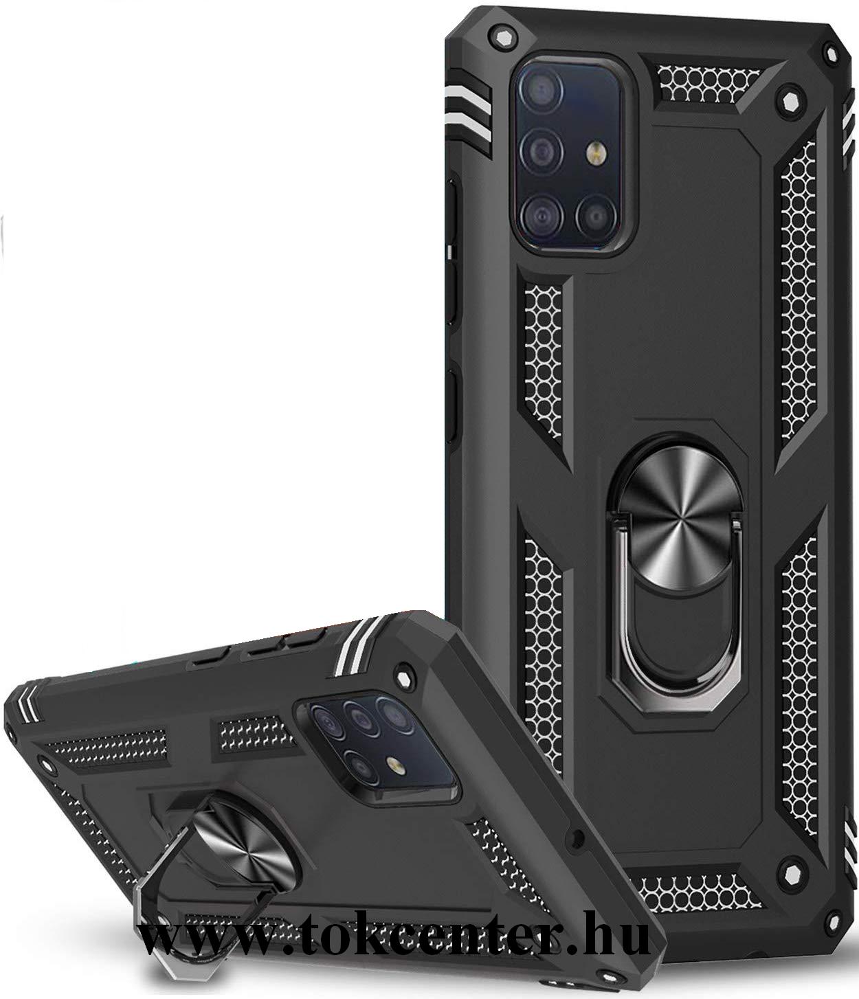 Samsung Galaxy A71 (SM-A715F) Defender műanyag telefonvédő (közepesen ütésálló, szilikon belső, telefontartó gyűrű, beépített fémlemez) FEKETE