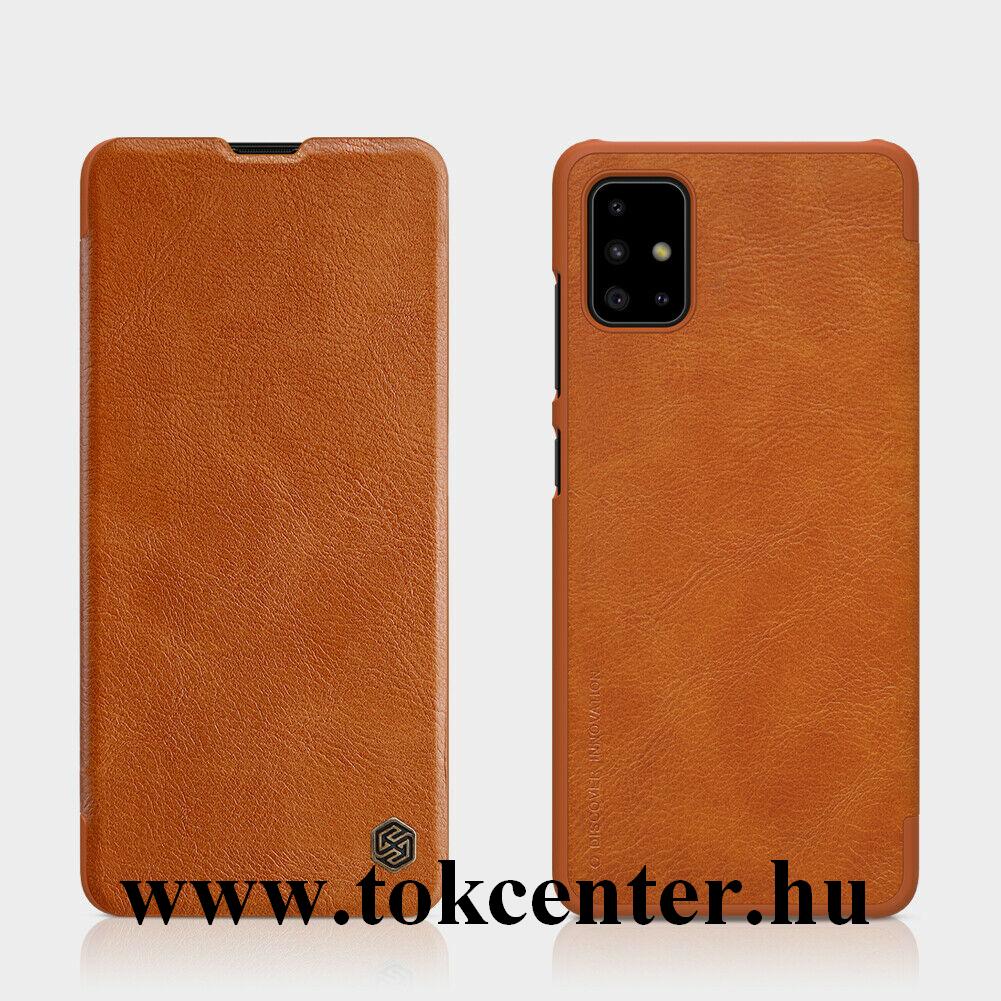 Samsung Galaxy A51 (SM-A515F) NILLKIN QIN tok álló, bőr hatású (FLIP, oldalra nyíló, bankkártya tartó) BARNA