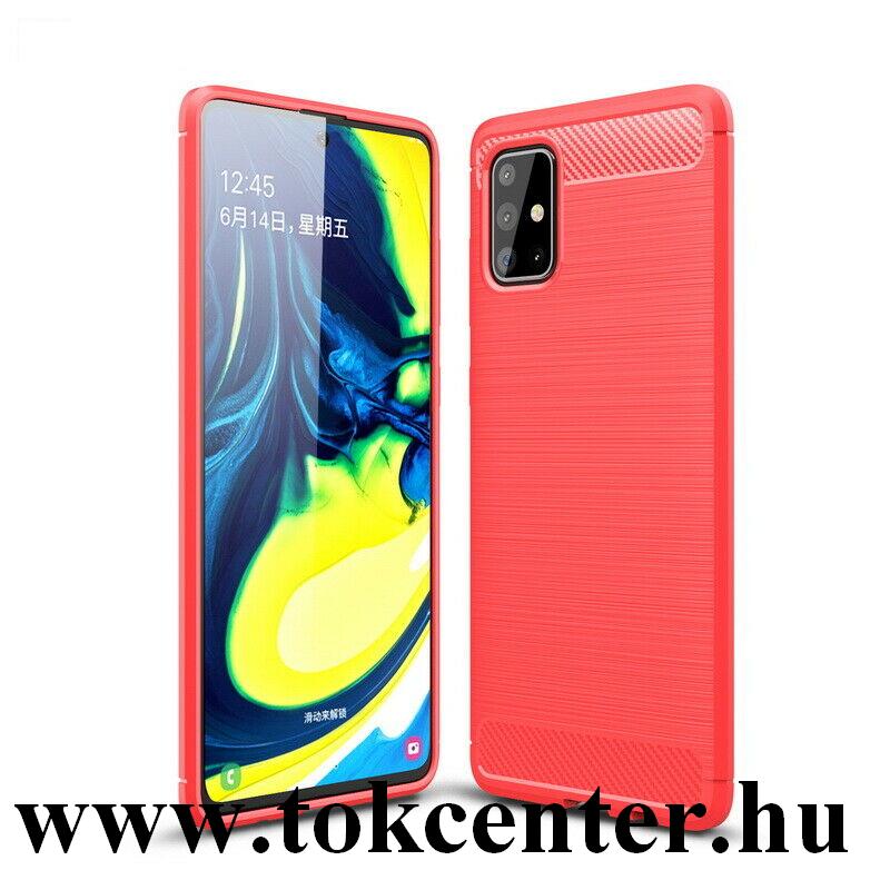 Samsung Galaxy A51 (SM-A515F) Szilikon telefonvédő (közepesen ütésálló, légpárnás sarok, szálcsiszolt, karbon minta) PIROS