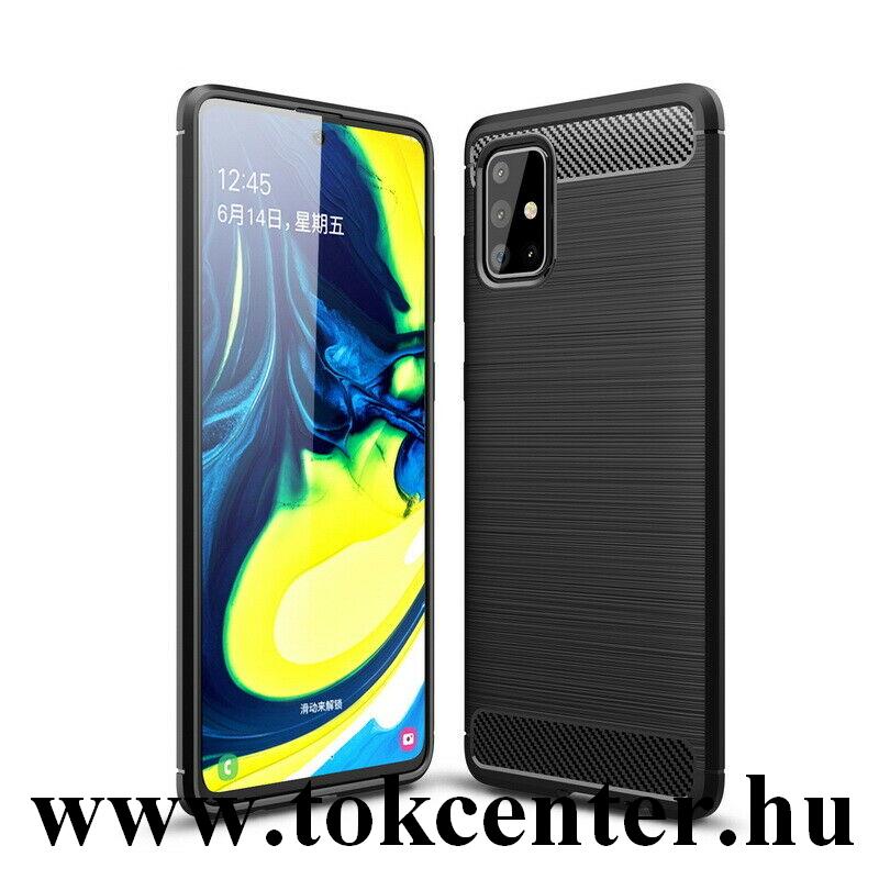 Samsung Galaxy A71 (SM-A715F) Szilikon telefonvédő (közepesen ütésálló, légpárnás sarok, szálcsiszolt, karbonminta) FEKETE
