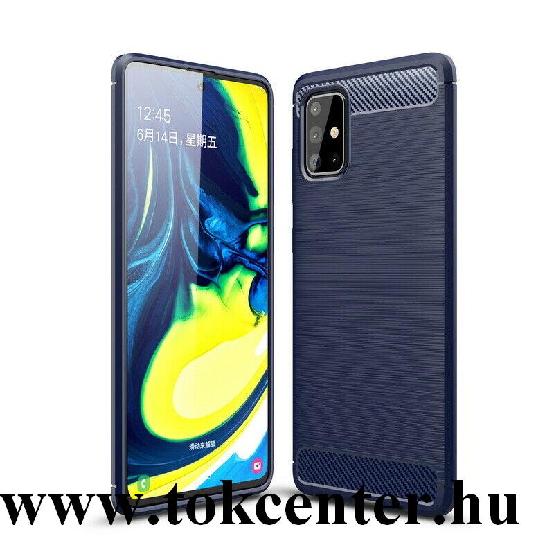 Samsung Galaxy A71 (SM-A715F) Szilikon telefonvédő (közepesen ütésálló, légpárnás sarok, szálcsiszolt, karbonminta) SÖTÉTKÉK