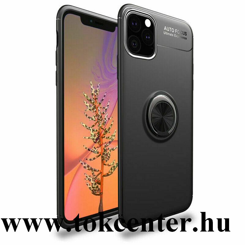 Apple iPhone 11 Pro Max Szilikon telefonvédő (asztali tartó funkció, telefontartó gyűrű, 360°-ban forgatható, beépített fémlemez) FEKETE
