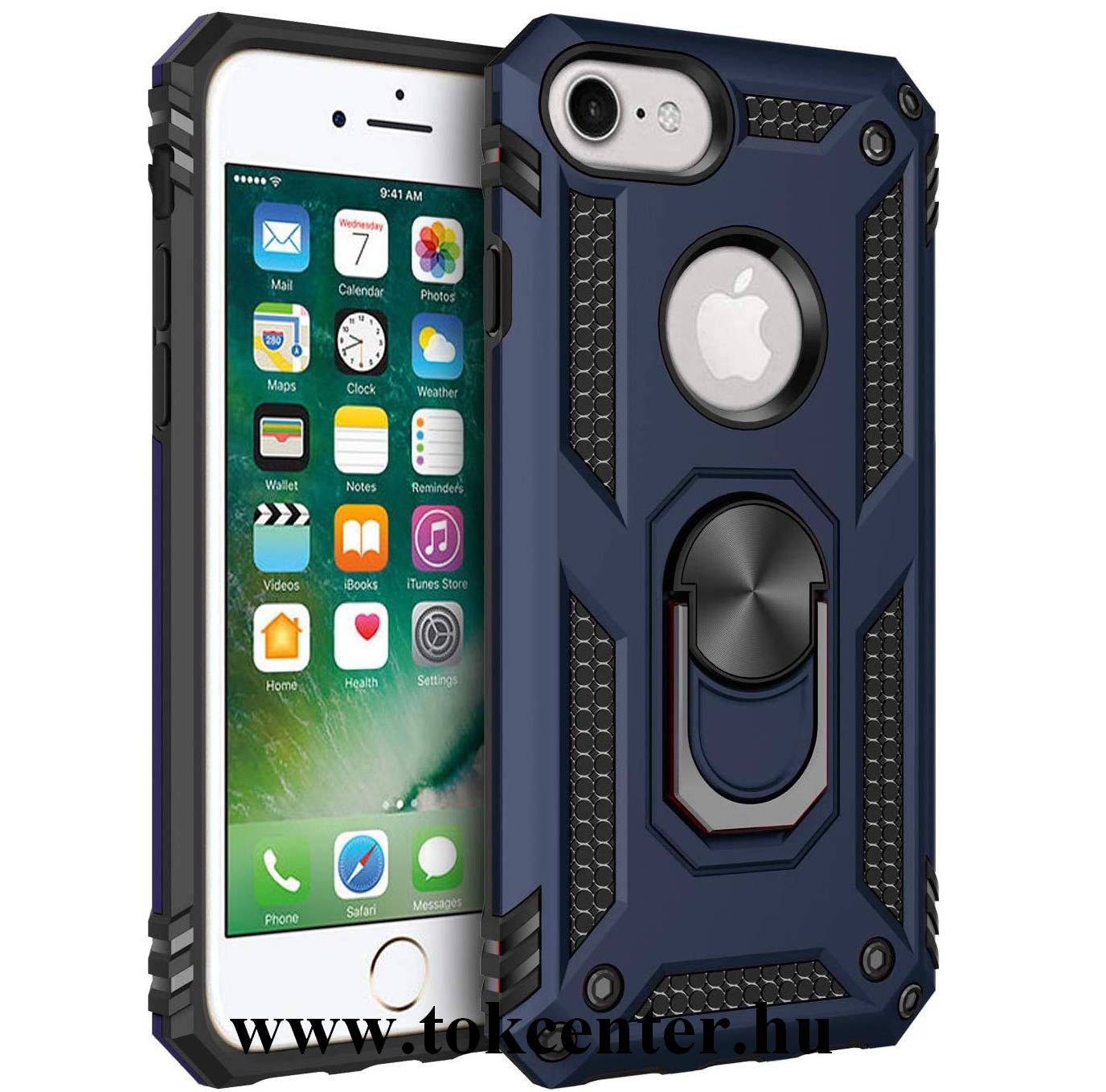 Apple iPhone 7 4.7 / Apple iPhone 8 4.7 Defender műanyag telefonvédő (közepesen ütésálló, szilikon belső, telefontartó gyűrű, fémlemez, logo kivágás) SÖTÉTKÉK