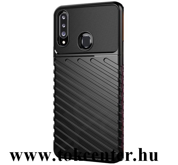 Samsung Galaxy A20s (SM-A207F) Szilikon telefonvédő (közepesen ütésálló, csíkos, dombor minta) FEKETE