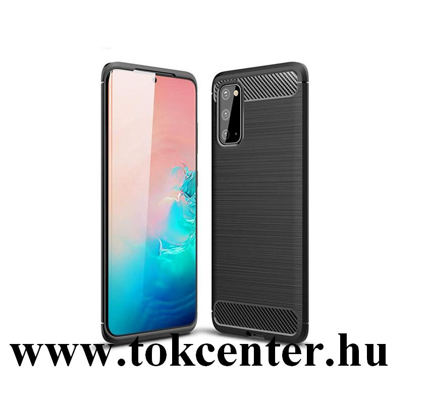 Samsung Galaxy S20 (SM-G980F) Szilikon telefonvédő (közepesen ütésálló, légpárnás sarok, szálcsiszolt, karbon minta) FEKETE
