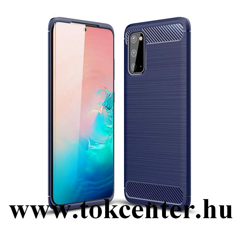 Samsung Galaxy S20 (SM-G980F) Szilikon telefonvédő (közepesen ütésálló, légpárnás sarok, szálcsiszolt, karbon minta) SÖTÉTKÉK